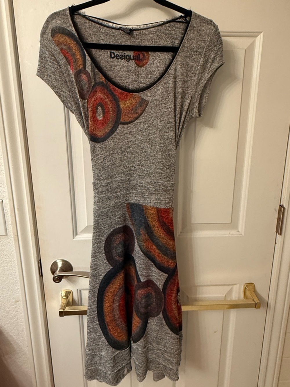 Desigual Gray Scoop Dress with Orange and Black Circular Print